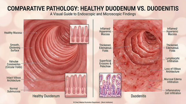 Healthy Duodenum Versus Duodenitis Mucosal Erythema and Villous Atrophy