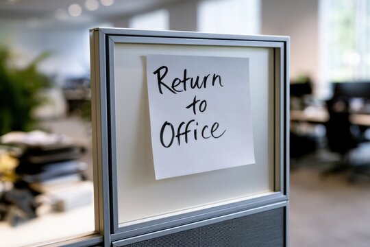 Handwritten reminder note on cubicle wall encouraging employees to return to a modern office workspace with blurred desks and chairs in background