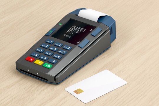 Point of sale terminal with a blank credit card on a light wooden background terminal transaction business