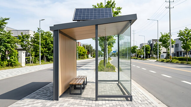 Modern Solar Powered Sustainable Bus Stop Shelter Infrastructure in Urban Residential Area