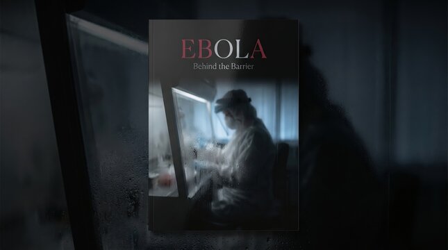 Medical professional in protective gear working in a laboratory setting, focused on research related to Ebola virus, with a blurred background of equipment and glass barriers