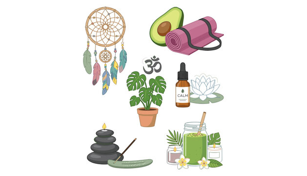 Wellness and yoga vector sticker bundle set featuring dreamcatcher avocado yoga mat monstera plant hot stones