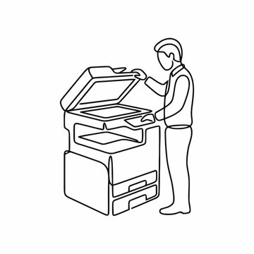 Office worker standing next to a large digital copier machine in a clean continuous line art illustration.
