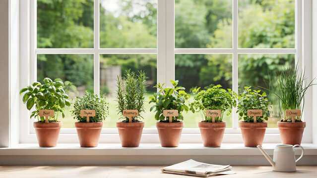 Fresh indoor herb garden displayed on windowsill with natural sunlight and labeled pots