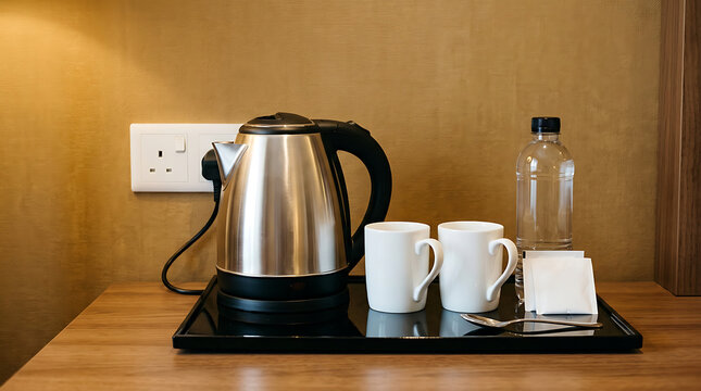 Electric kettle and mugs with bottled water on tray in hotel room beverage station