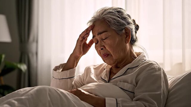 Senior woman's discomfort: An elderly woman lies in bed, her hand on her forehead, conveying a sense of discomfort or pain.
