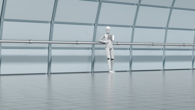 Robot standing in hall, using digital tablet