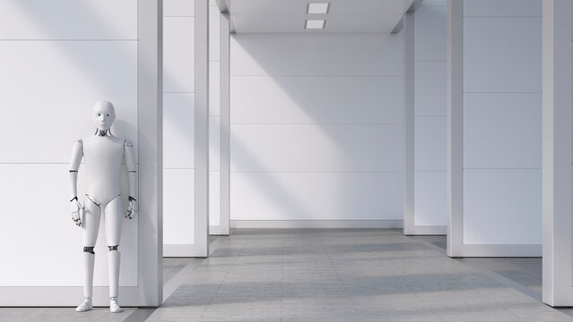 Robot standing in empty room, waiting