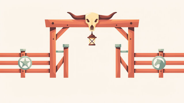 Illustrated rustic wooden fence gate featuring a bull skull decoration and hanging hourglass symbol