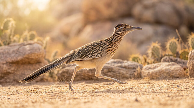 Greater Roadrunner running swiftly across a dry desert landscape among rocks and cacti during the warm evening sunlight.