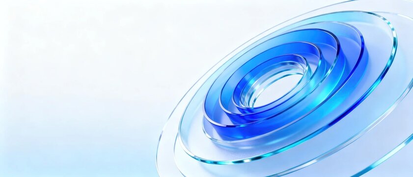 Abstract 3d decorative design with concentric nested gradient blue transparent oval glass rings placed on clean light background for modern digital content creation