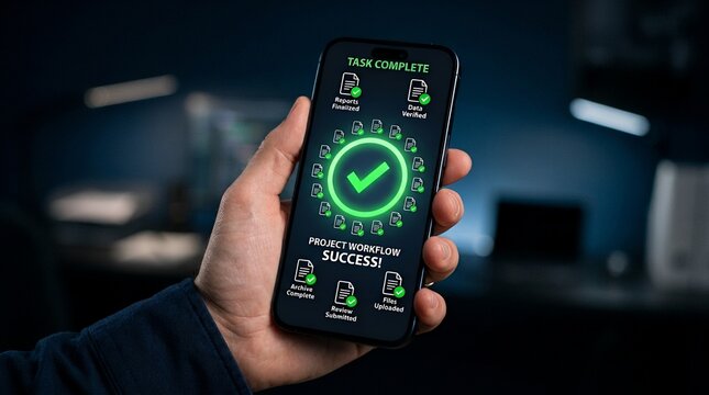 Hand holding smartphone showing task success screen