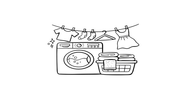Illustration showing laundry machine with drying clothes hanging on a clothesline and detergent containers nearby