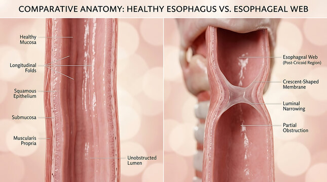 Healthy Esophagus Versus Esophageal Web Crescent-Shaped Membrane and Post-Cricoid Location