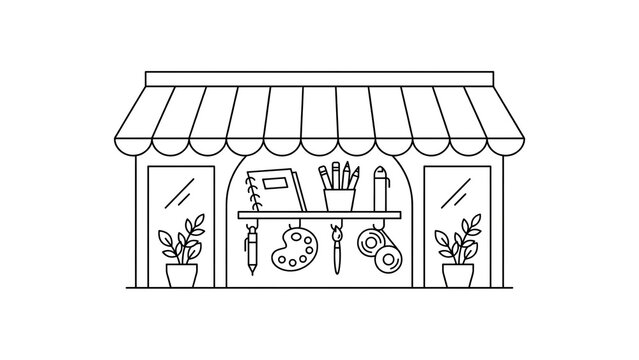 Minimalist line art illustration of an art supply storefront with stationery and creative tools on display