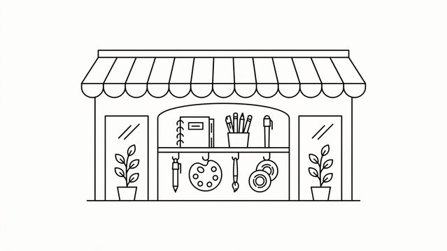 Minimalist line drawing of art supply storefront with stationery and craft items displayed inside windows
