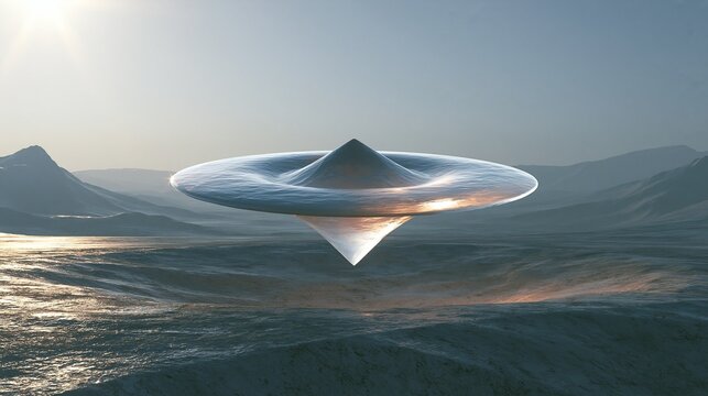 Futuristic silver metallic flying saucer UFO hovering over barren rocky alien planet landscape under bright morning sun shows science fiction alien exploration concept