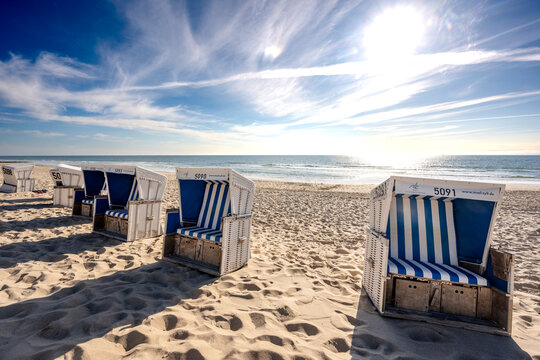 Empty beach chairs face the North Sea on Sylt island