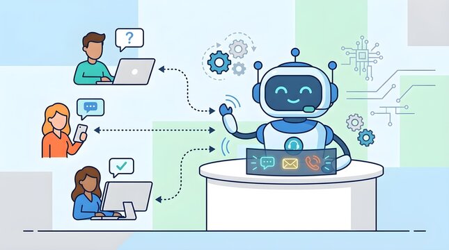 Friendly AI robot assistant handling customer interactions across smartphones and computers, representing automated customer service, virtual assistance, communication, and intelligent support.