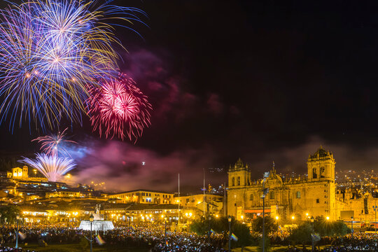 Peru, Cusco, Plaza de Armas, fireworks at Inti Raymi