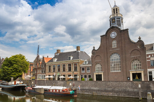 Historic Pelgrimvaderskerk church at the canal in Delfshaven, Rotterdam, Netherlands