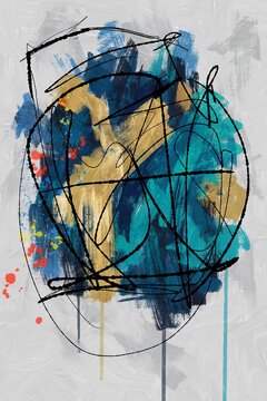 Abstract painting shows dynamic chaos with blue and gold brushstrokes