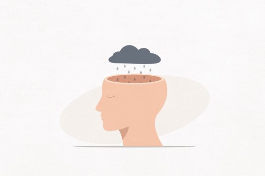 A rain cloud over an open human head depicts mental depression