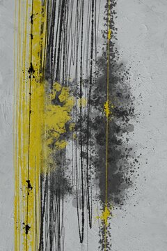 Abstract painting displays yellow and black drips on a grey canvas