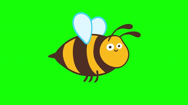 Funny cartoon bumblebee flying on green screen chroma key background 2D loop animation. Motion character in naive child style.