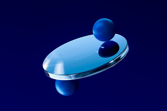 Abstract 3D render of a glass plate balancing on a blue sphere