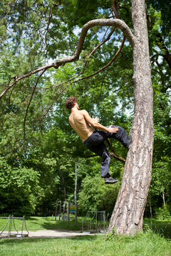 Germany, Bavaria, Young man doing parcour training in park