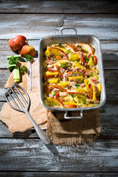 smoked pork chop casserole with potatoe, apple, leek and roasted walnut