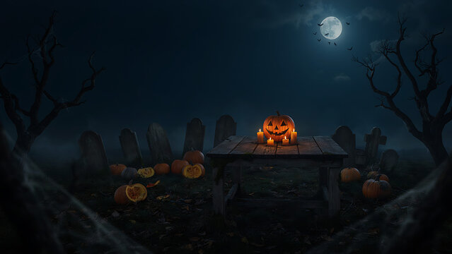 A lonely glowing pumpkin sits on an antique table surrounded by scattered tombstones under a dark night sky, created with generative AI.
