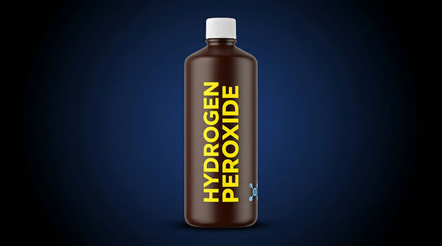 Brown Plastic Bottle of Hydrogen Peroxide Antiseptic on Dark Blue Background