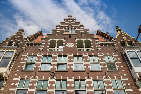 Ornate stepped gables on historic brick buildings in Delfshaven, Rotterdam, Netherlands