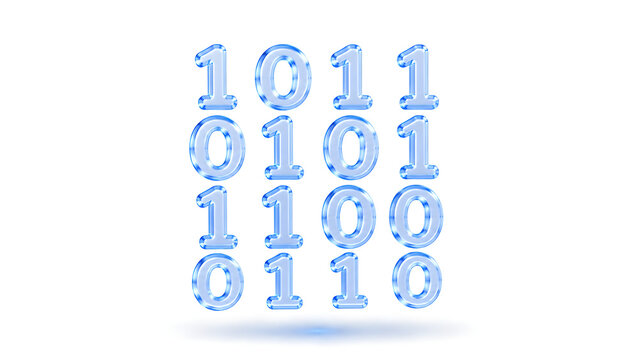 Blue 3D binary code digits isolated on white background for technology and data concepts