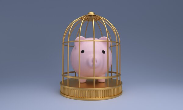 Pink piggy bank is trapped inside a golden cage for blocked savings