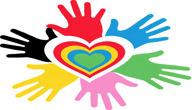 Colorful handprints surrounding a multicolored heart symbolizing unity and love
