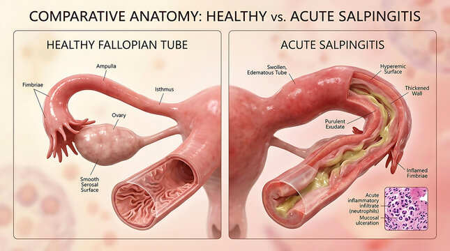 Healthy Fallopian Tube Versus Acute Salpingitis Swollen Tube and Purulent Exudate