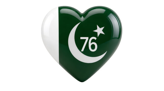 3D Pakistan Flag Heart Shape Badge with Number 76 PNG