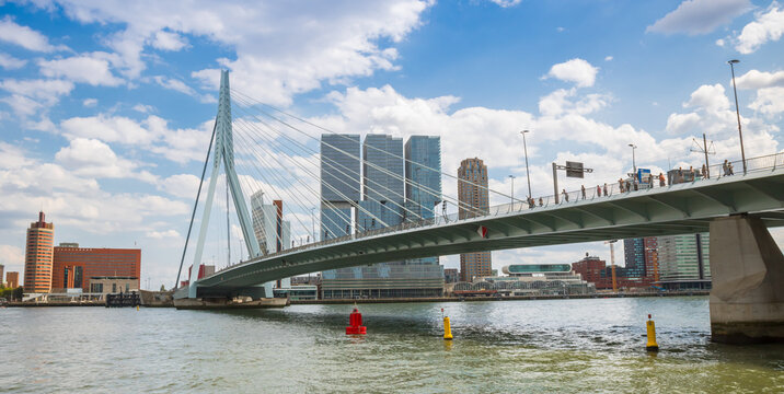 Panorama of the Erasmus bridge in the center of Rotterdam, Netherlands