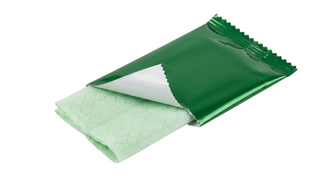 Partially opened green foil packet containing fresh mint chewing gum isolated on white background