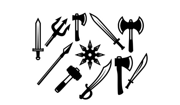 Traditional weapon geometric pictogram collection with medieval swords axes spears trident and saber