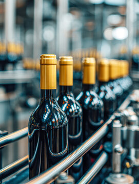 Row of dark glass bottles with gold-colored caps neatly arranged on automated conveyor belt in modern beverage production facility