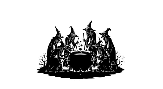 Vintage witch coven silhouette, mystical witches brewing potion in cauldron. Spooky Halloween coven illustration, dark magic ritual vector art.