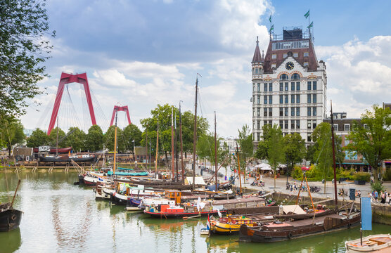 Historic Witte Huis building stands beside the Old Harbor near Willemsbrug in Rotterdam, Netherlands