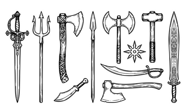 Vintage historical weapon outline vector set with ornate sword trident axes spear saber and throwing star