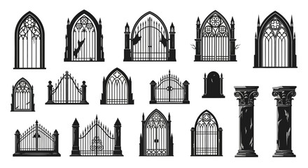 Fototapeta premium Gothic architecture vector set, black silhouette cathedral windows and gates, medieval iron fences and stone columns for dark fantasy design