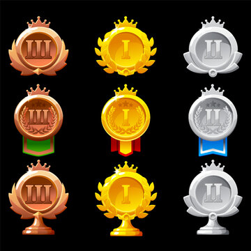Game Medal Icons Set Gold Silver Bronze Award Badges Vector Collection