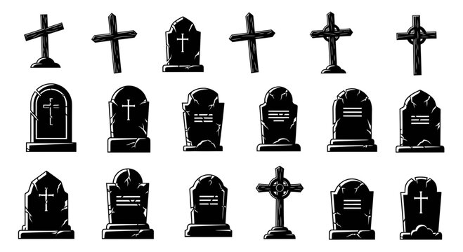 Gothic gravestone silhouettes and cemetery cross icons, set of 18 spooky tombstone vectors, black graveyard headstone illustrations for Halloween